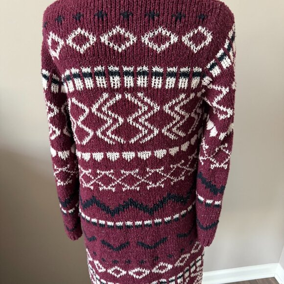 J. Jill Burgundy Aztec Long Cardigan Coatigan Oversized Buttons Small - Picture 2 of 10